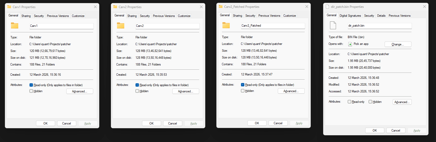Windows properties showing a 120MB base and 128MB target compressing to a 1.95MB patch
